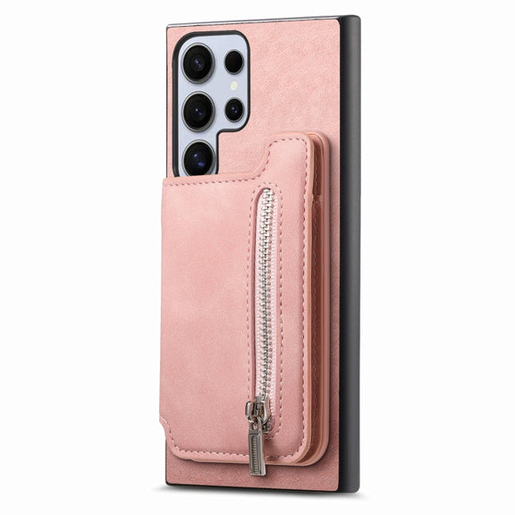 For Samsung Galaxy S25 Ultra 5G Retro MagSafe Zipper Wallet Card Bag Back Phone Case(Pink)