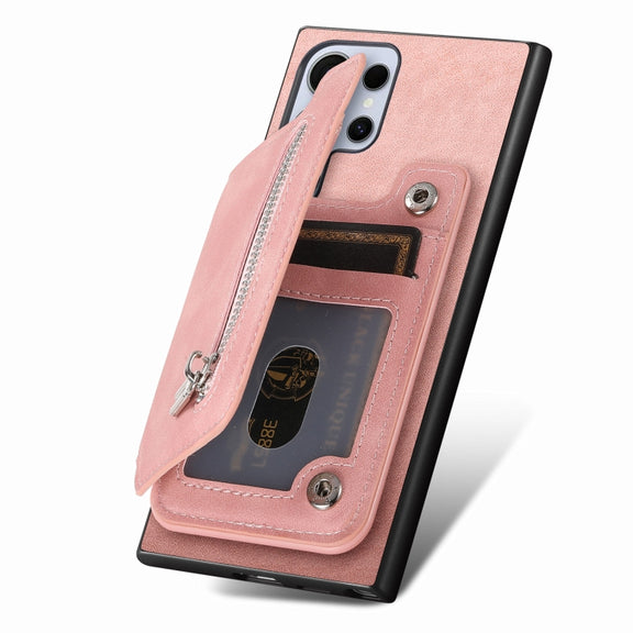 For Samsung Galaxy S25 Ultra 5G Retro MagSafe Zipper Wallet Card Bag Back Phone Case(Pink)