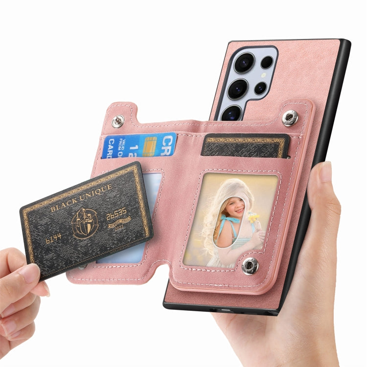 For Samsung Galaxy S25 Ultra 5G Retro MagSafe Zipper Wallet Card Bag Back Phone Case(Pink)