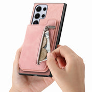 For Samsung Galaxy S25 Ultra 5G Retro MagSafe Zipper Wallet Card Bag Back Phone Case(Pink)