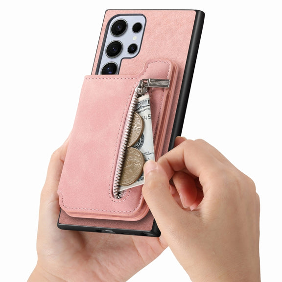 For Samsung Galaxy S25 Ultra 5G Retro MagSafe Zipper Wallet Card Bag Back Phone Case(Pink)