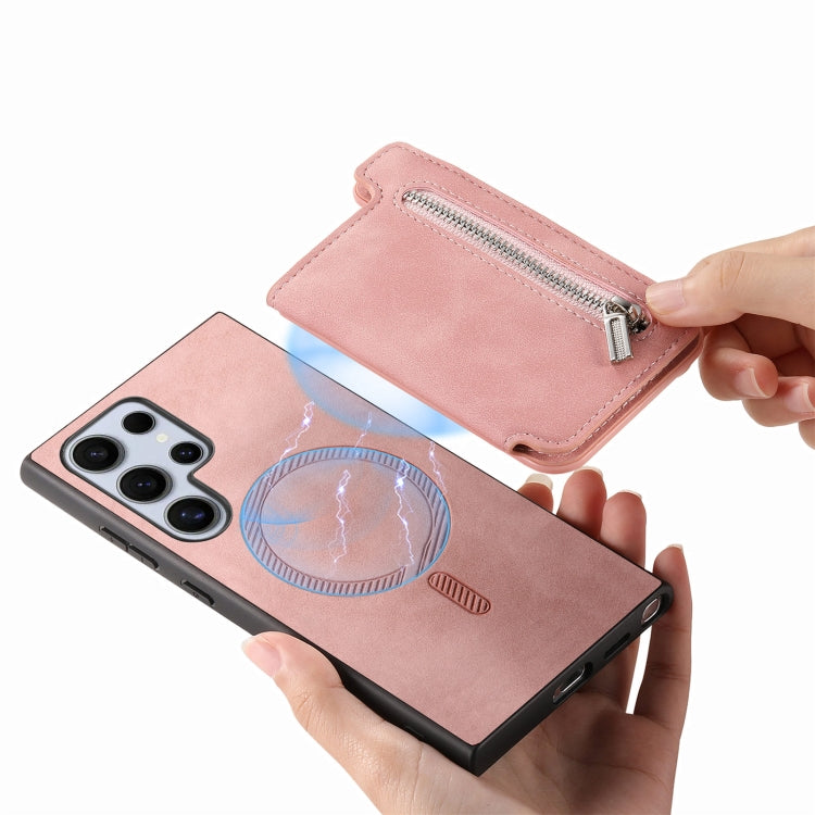 For Samsung Galaxy S25 Ultra 5G Retro MagSafe Zipper Wallet Card Bag Back Phone Case(Pink)