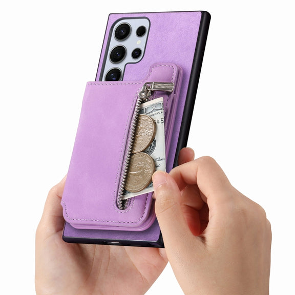 For Samsung Galaxy S25 Ultra 5G Retro MagSafe Zipper Wallet Card Bag Back Phone Case(Purple)