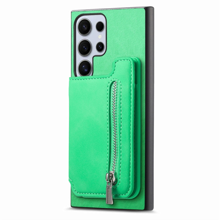 For Samsung Galaxy S25 Ultra 5G Retro MagSafe Zipper Wallet Card Bag Back Phone Case(Green)