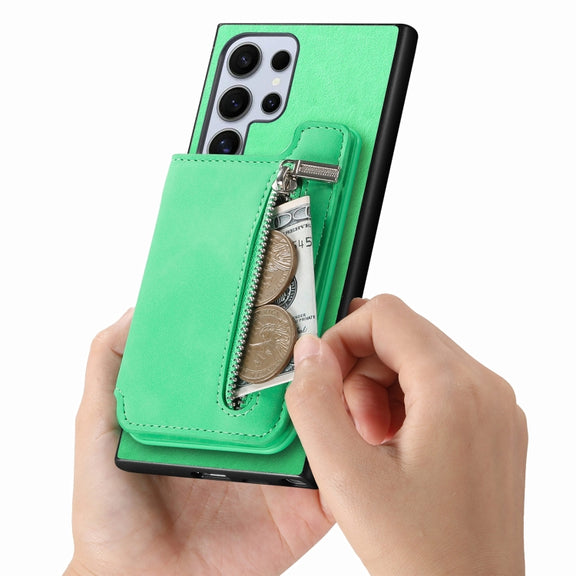 For Samsung Galaxy S25 Ultra 5G Retro MagSafe Zipper Wallet Card Bag Back Phone Case(Green)