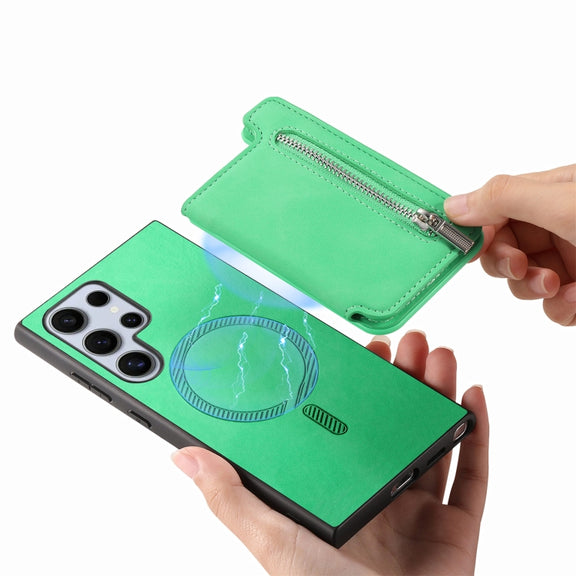 For Samsung Galaxy S25 Ultra 5G Retro MagSafe Zipper Wallet Card Bag Back Phone Case(Green)