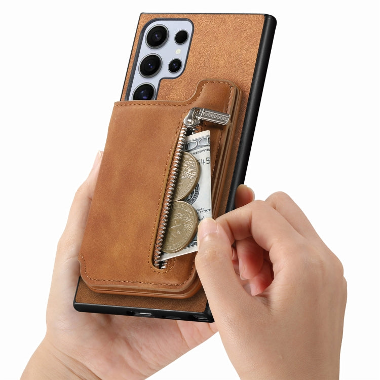 For Samsung Galaxy S25 Ultra 5G Retro MagSafe Zipper Wallet Card Bag Back Phone Case(Brown)