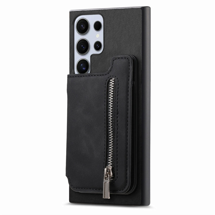 For Samsung Galaxy S25 Ultra 5G Retro MagSafe Zipper Wallet Card Bag Back Phone Case(Black)