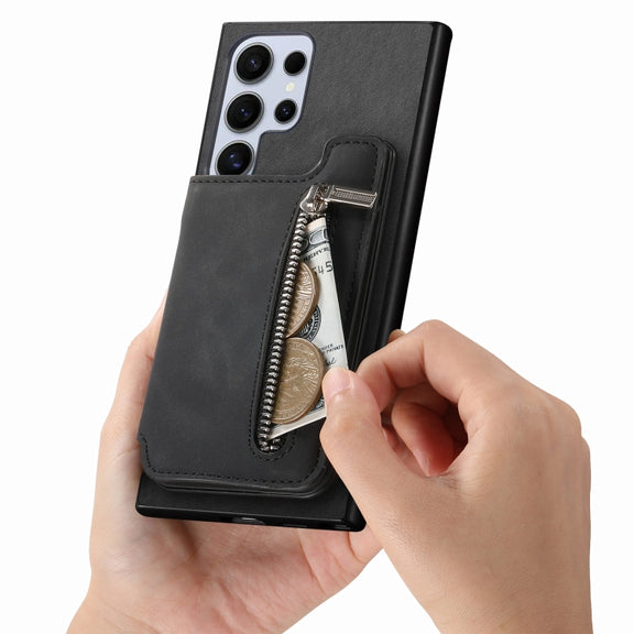 For Samsung Galaxy S25 Ultra 5G Retro MagSafe Zipper Wallet Card Bag Back Phone Case(Black)