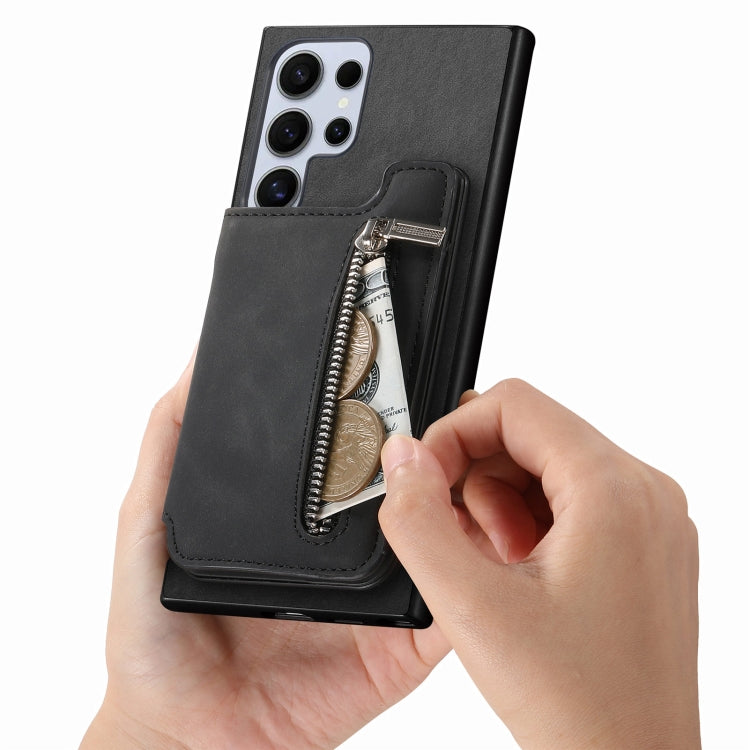For Samsung Galaxy S25 Ultra 5G Retro MagSafe Zipper Wallet Card Bag Back Phone Case(Black)