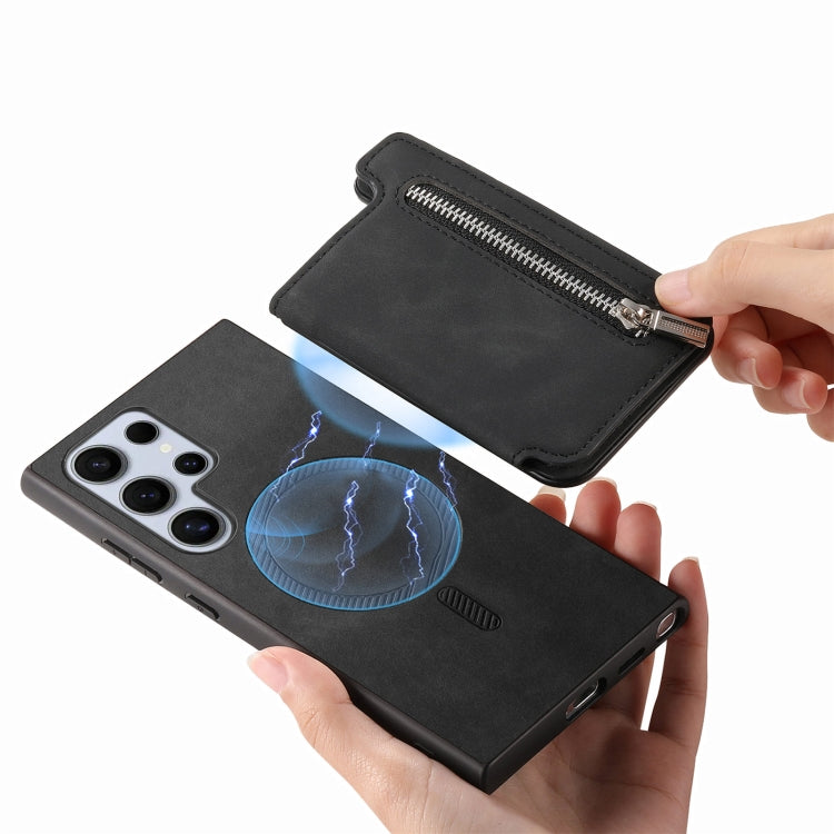 For Samsung Galaxy S25 Ultra 5G Retro MagSafe Zipper Wallet Card Bag Back Phone Case(Black)