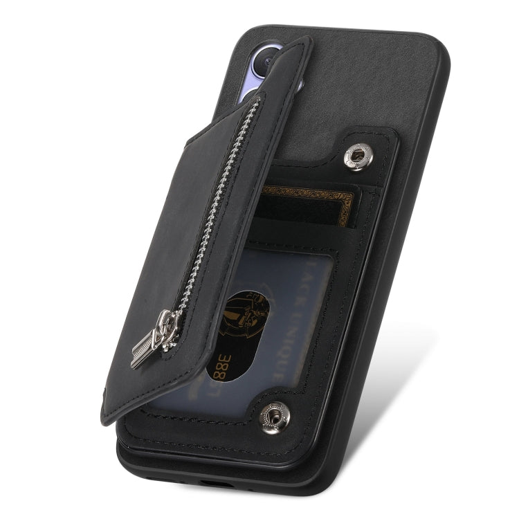 For Motorola Moto G 5G 2024 Retro MagSafe Zipper Wallet Card Bag Back Phone Case(Black)