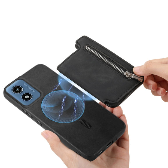 For Motorola Moto G 5G 2024 Retro MagSafe Zipper Wallet Card Bag Back Phone Case(Black)