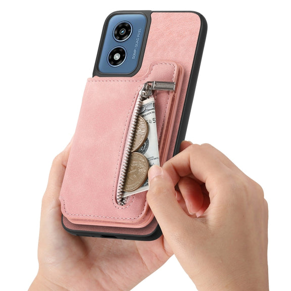 For Motorola Moto G Stylus 5G 2024 Retro MagSafe Zipper Wallet Card Bag Back Phone Case(Pink)