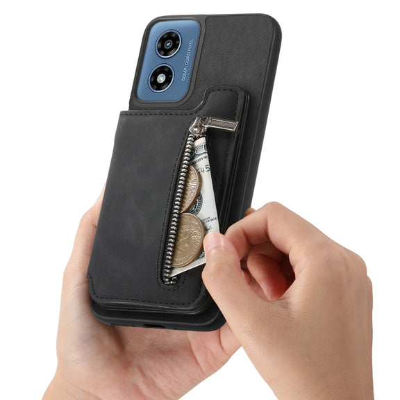 For Motorola Moto G Play 2024 4G Retro MagSafe Zipper Wallet Card Bag Back Phone Case(Black)