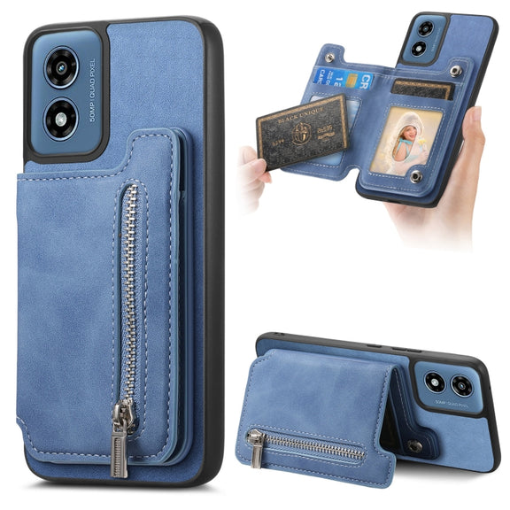 For Motorola Moto G Power 2024 5G Retro MagSafe Zipper Wallet Card Bag Back Phone Case(Blue)