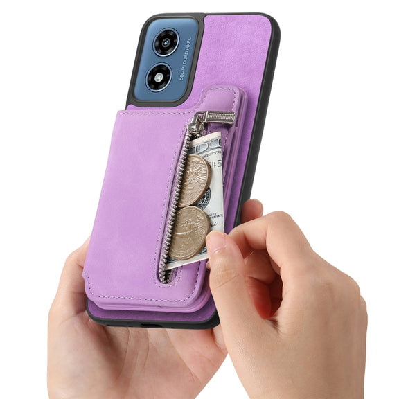 For Motorola Moto G Power 2024 5G Retro MagSafe Zipper Wallet Card Bag Back Phone Case(Purple)
