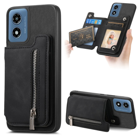 For Motorola Moto G Power 2024 5G Retro MagSafe Zipper Wallet Card Bag Back Phone Case(Black)