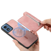 For Motorola Moto G35 Retro MagSafe Zipper Wallet Card Bag Back Phone Case(Pink)
