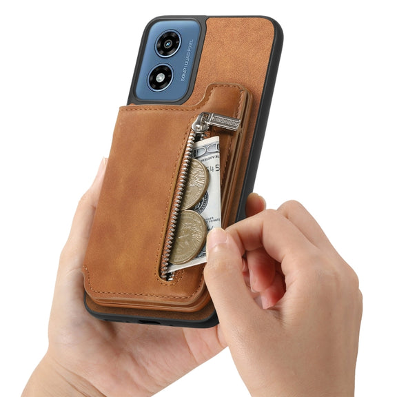 For Motorola Moto G55 Retro MagSafe Zipper Wallet Card Bag Back Phone Case(Brown)
