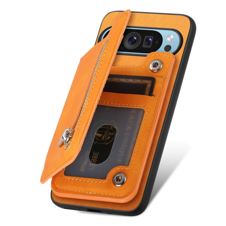 For Google Pixel 9 Pro XL Retro MagSafe Zipper Wallet Card Bag Back Phone Case(Yellow)