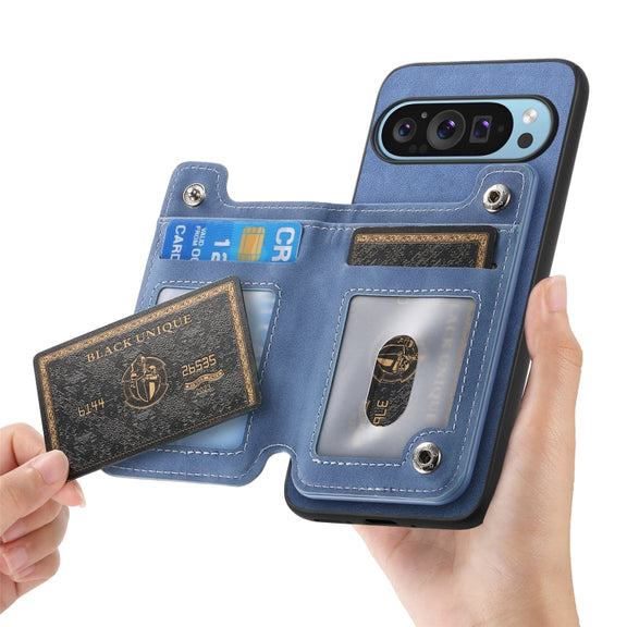 For Google Pixel 9 Pro XL Retro MagSafe Zipper Wallet Card Bag Back Phone Case(Blue)