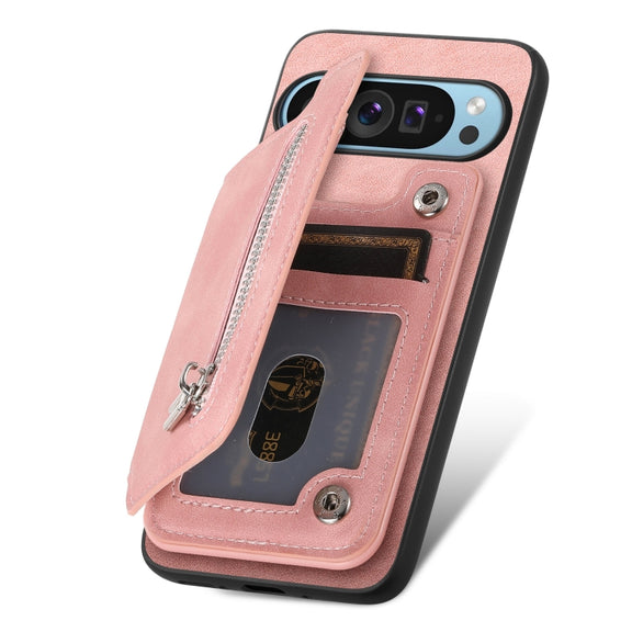 For Google Pixel 9 Pro XL Retro MagSafe Zipper Wallet Card Bag Back Phone Case(Pink)