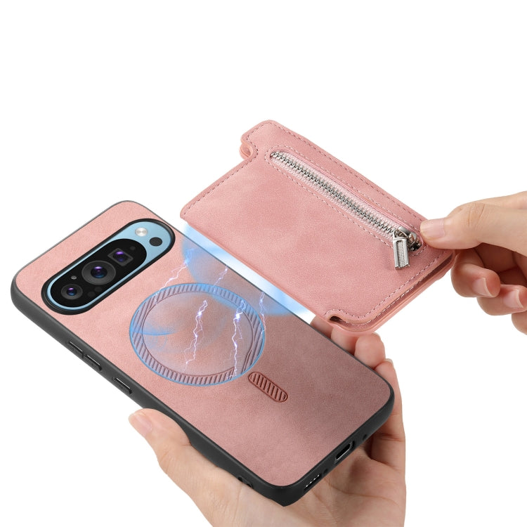 For Google Pixel 9 Pro XL Retro MagSafe Zipper Wallet Card Bag Back Phone Case(Pink)
