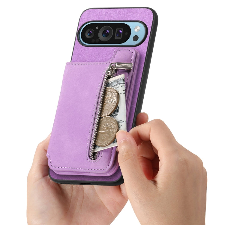 For Google Pixel 9 Pro XL Retro MagSafe Zipper Wallet Card Bag Back Phone Case(Purple)