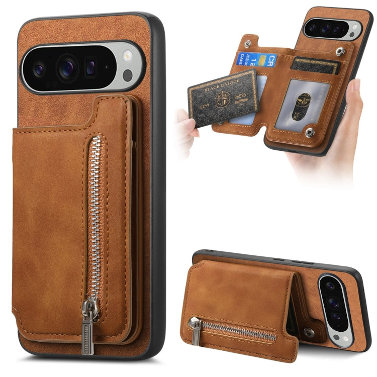For Google Pixel 9 Pro XL Retro MagSafe Zipper Wallet Card Bag Back Phone Case(Brown) - Google Cases by PMC TechLife | Online Shopping South Africa | PMC TechLife | Buy Now Pay Later Mobicred