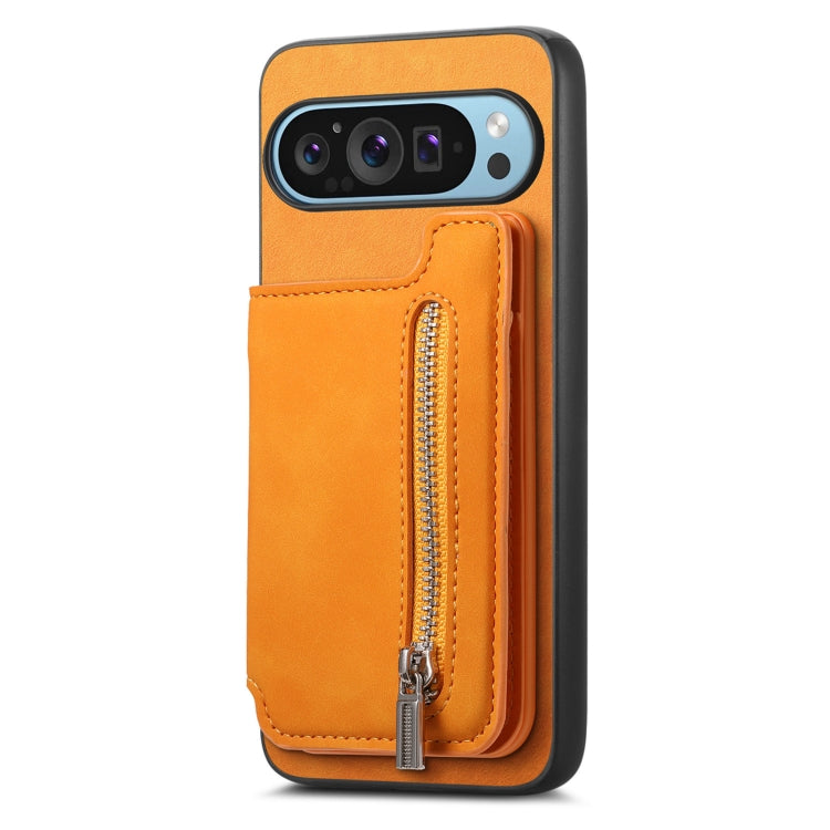 For Google Pixel 8a Retro MagSafe Zipper Wallet Card Bag Back Phone Case(Yellow)