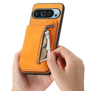 For Google Pixel 8a Retro MagSafe Zipper Wallet Card Bag Back Phone Case(Yellow)