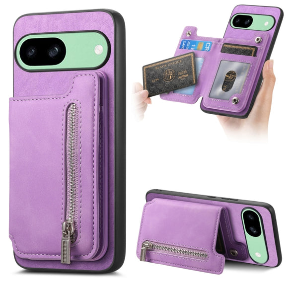 For Google Pixel 8a Retro MagSafe Zipper Wallet Card Bag Back Phone Case(Purple)
