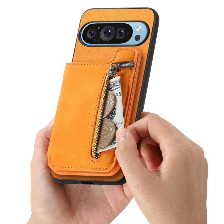 For Google Pixel 8 Pro Retro MagSafe Zipper Wallet Card Bag Back Phone Case(Yellow)