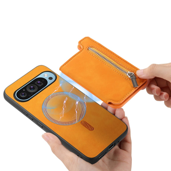 For Google Pixel 8 Pro Retro MagSafe Zipper Wallet Card Bag Back Phone Case(Yellow)