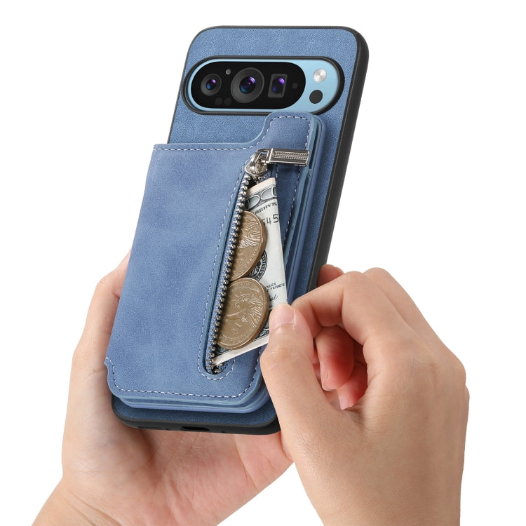 For Google Pixel 8 Pro Retro MagSafe Zipper Wallet Card Bag Back Phone Case(Blue)