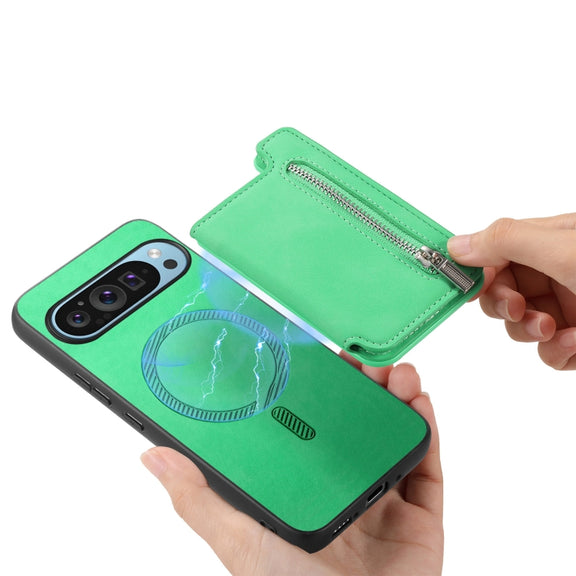 For Google Pixel 8 Pro Retro MagSafe Zipper Wallet Card Bag Back Phone Case(Green)