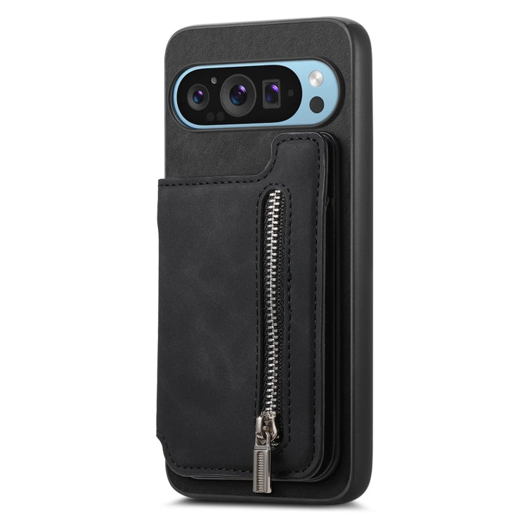 For Google Pixel 8 Pro Retro MagSafe Zipper Wallet Card Bag Back Phone Case(Black)