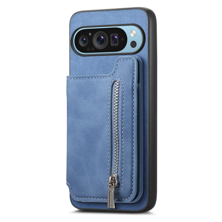 For Google Pixel 8 Retro MagSafe Zipper Wallet Card Bag Back Phone Case(Blue)