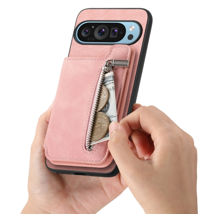 For Google Pixel 8 Retro MagSafe Zipper Wallet Card Bag Back Phone Case(Pink)