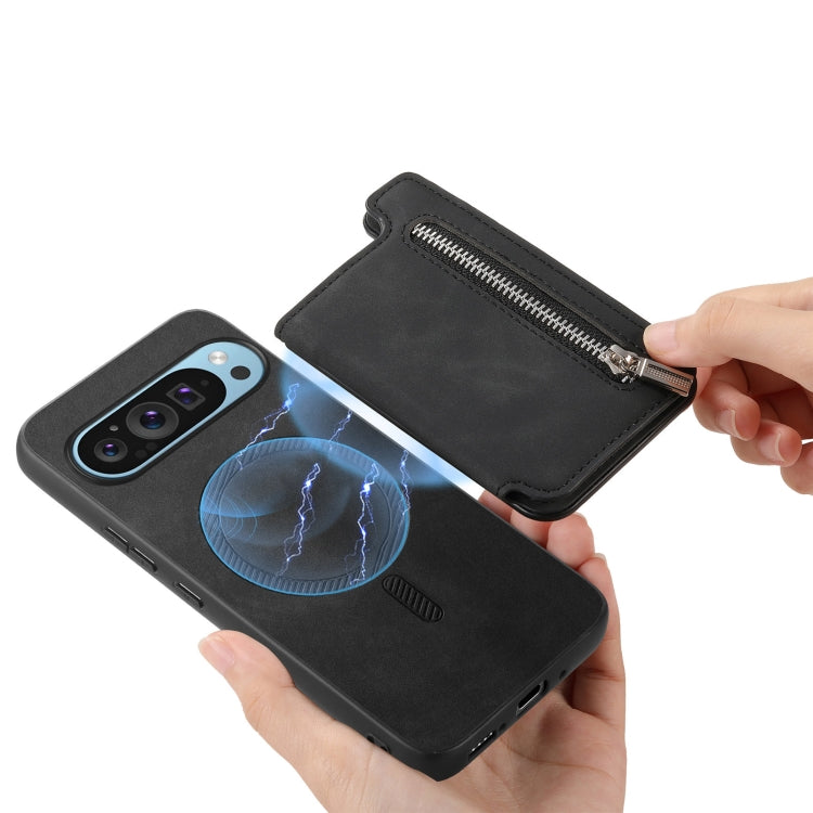 For Google Pixel 8 Retro MagSafe Zipper Wallet Card Bag Back Phone Case(Black)