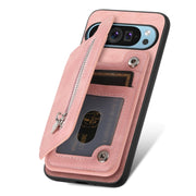 For Google Pixel 7a Retro MagSafe Zipper Wallet Card Bag Back Phone Case(Pink)