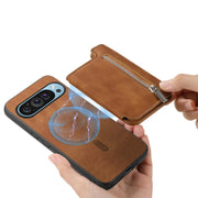 For Google Pixel 7a Retro MagSafe Zipper Wallet Card Bag Back Phone Case(Brown)