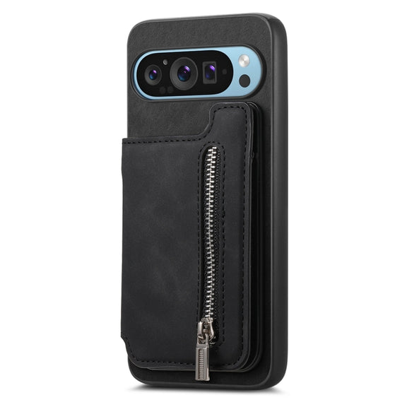 For Google Pixel 7a Retro MagSafe Zipper Wallet Card Bag Back Phone Case(Black)