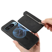 For Google Pixel 7a Retro MagSafe Zipper Wallet Card Bag Back Phone Case(Black)