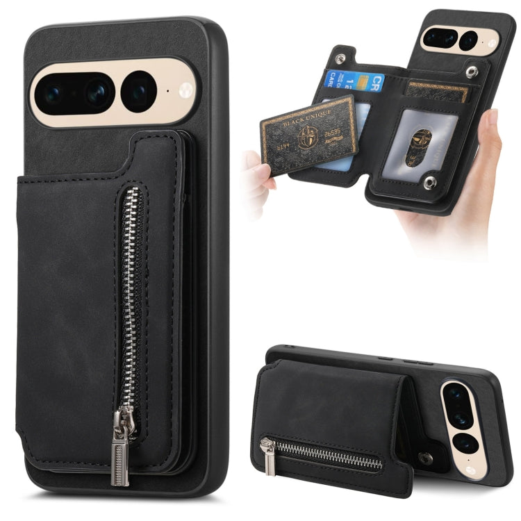For Google Pixel 7 Pro Retro MagSafe Zipper Wallet Card Bag Back Phone Case(Black) - Google Cases by PMC TechLife | Online Shopping South Africa | PMC TechLife | Buy Now Pay Later Mobicred