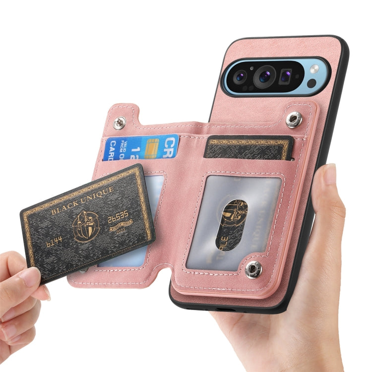 For Google Pixel 7 Retro MagSafe Zipper Wallet Card Bag Back Phone Case(Pink)