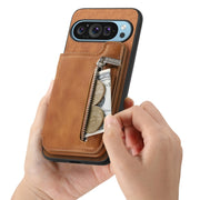 For Google Pixel 7 Retro MagSafe Zipper Wallet Card Bag Back Phone Case(Brown)