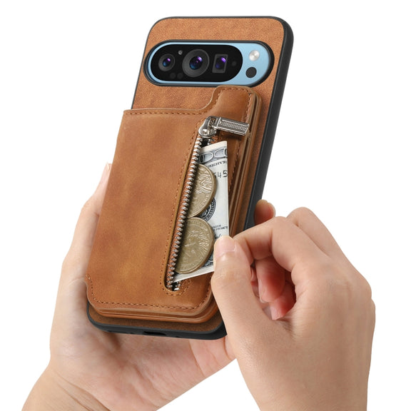 For Google Pixel 7 Retro MagSafe Zipper Wallet Card Bag Back Phone Case(Brown)