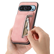 For Google Pixel 9 / 9 Pro Retro MagSafe Zipper Wallet Card Bag Back Phone Case(Pink)